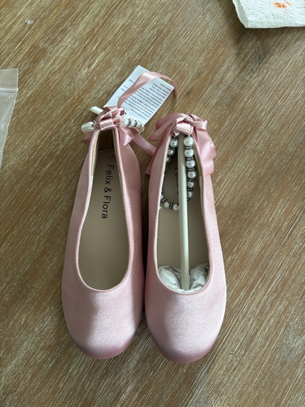New With Tags Felix & FloraPink Satin Ballet Flats with Pearl Ribbon